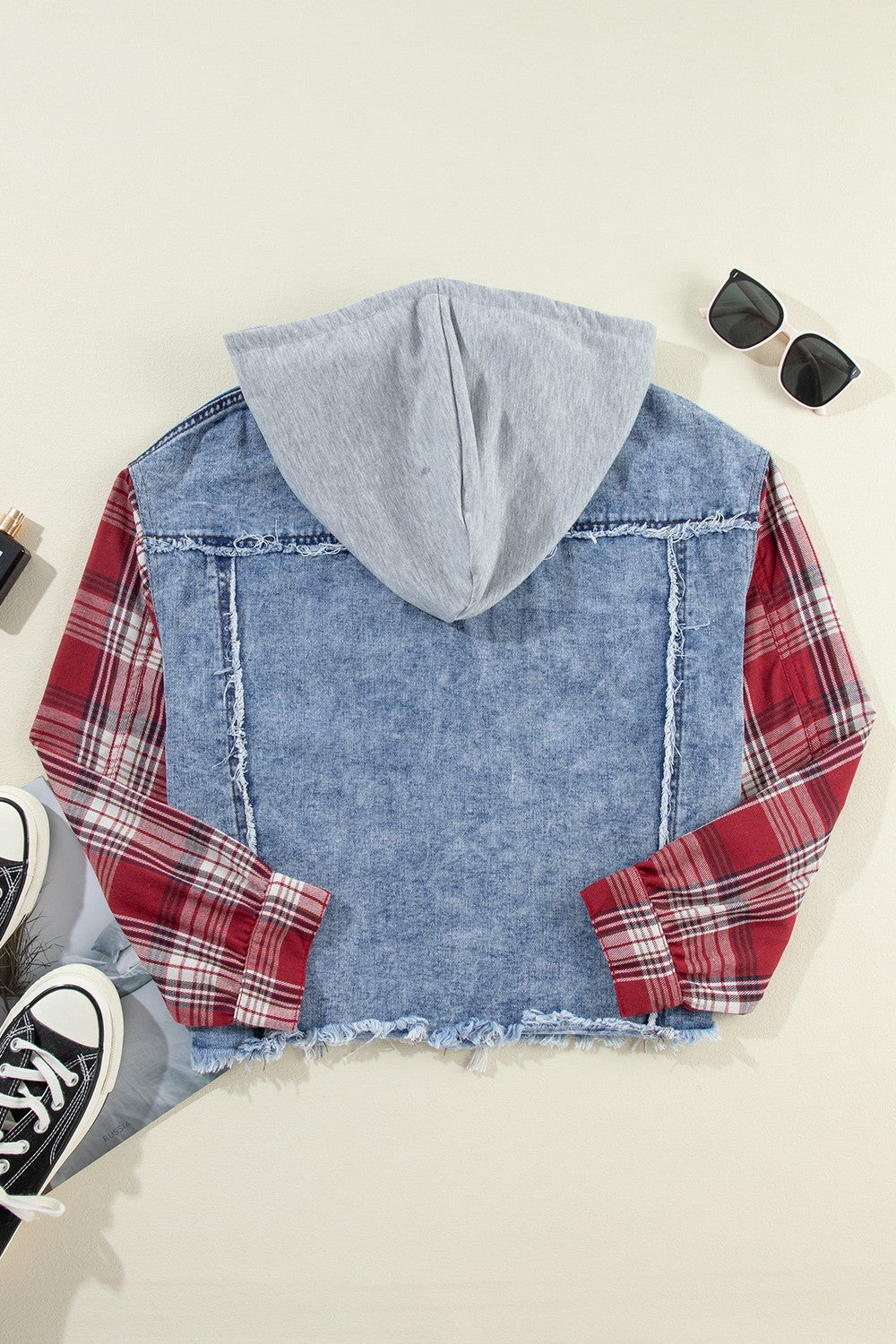 Raw Hem Drawstring Plaid Denim Jacket Dresses & Tops