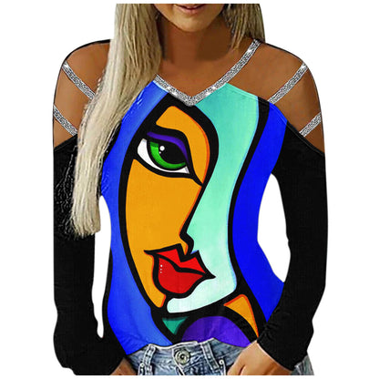 Ladies Casual V-Neck Printed Cutout Off Shoulder Long Sleeve T-Shirt apparels & accessories