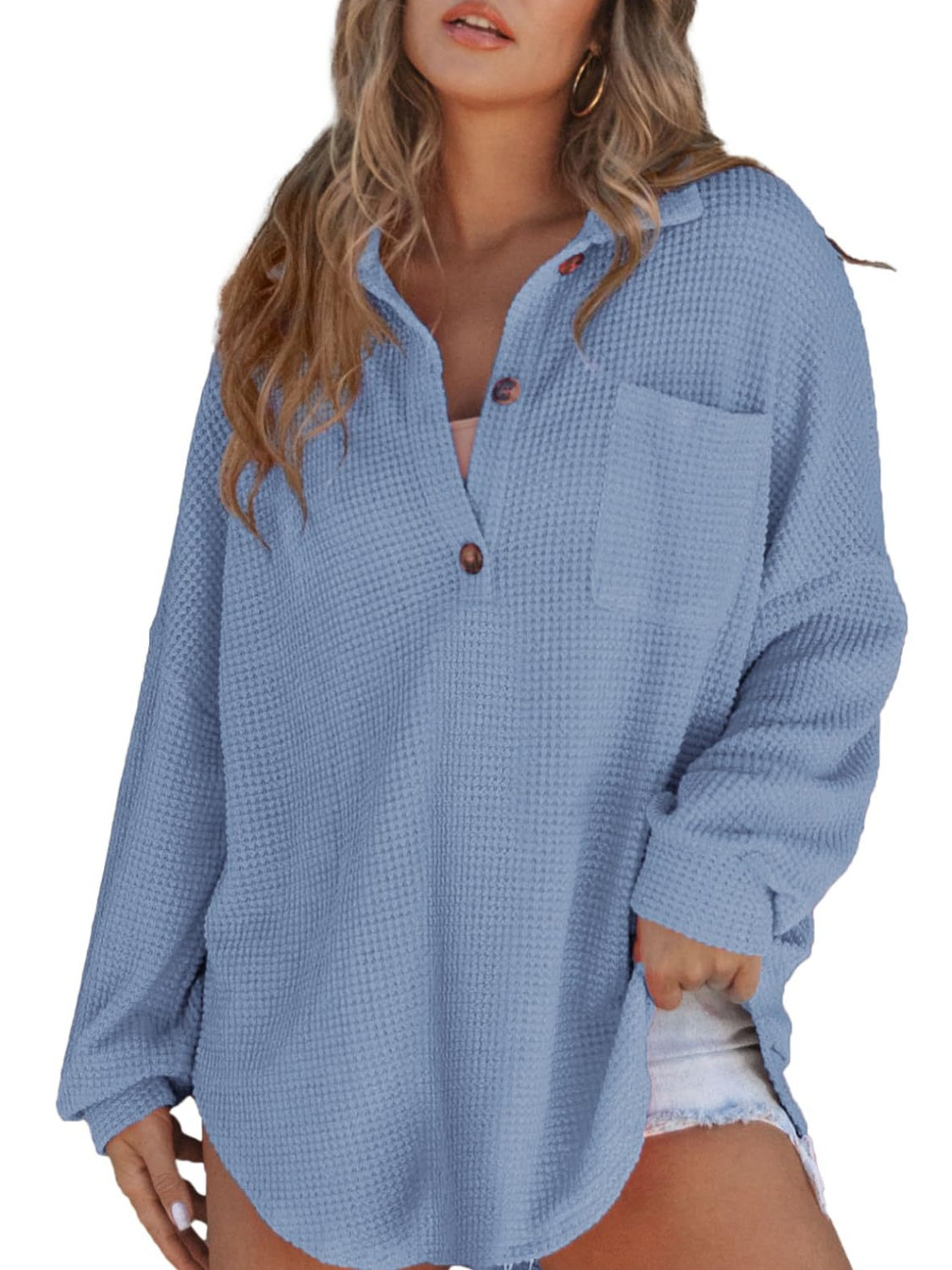 Waffle-Knit Dropped Shoulder Long Sleeve Sweatshirt Dresses & Tops