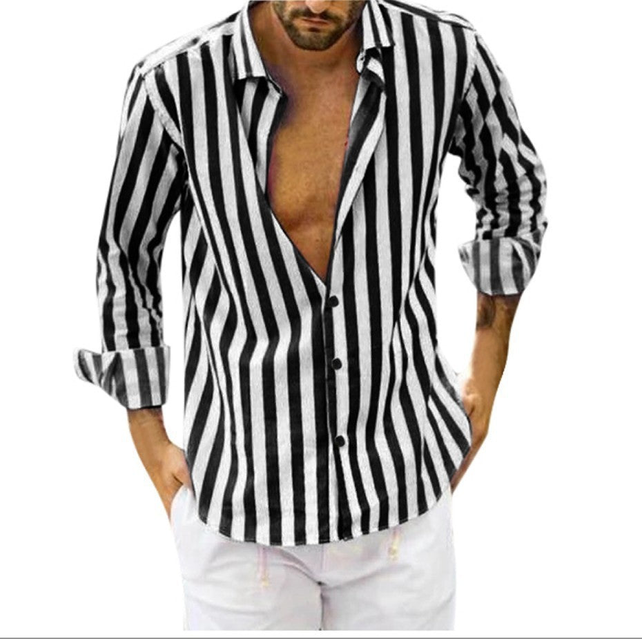 Polo Collar Stripes Shirt Loose men's clothing