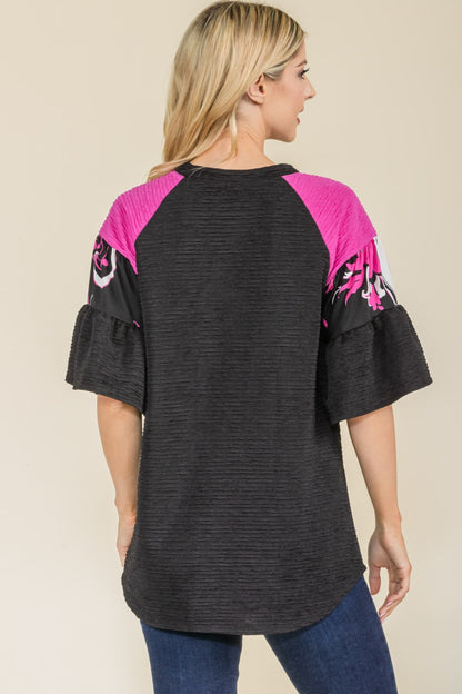 Celeste Full Size Texture Printed Color Block Top apparel & accessories