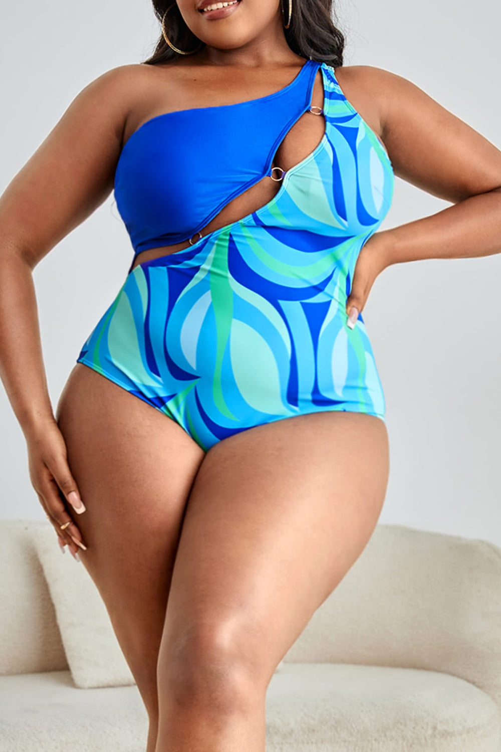 Plus Size Printed Ring Detail One-Shoulder One-Piece Swimsuit Accessories for women