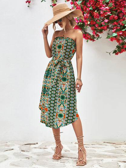 Printed Strapless Tie Belt Dress apparel & accessories