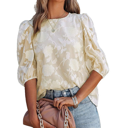 Women's Puff Sleeve Chiffon Loose Top Flower Texture Shirt apparel & accessories