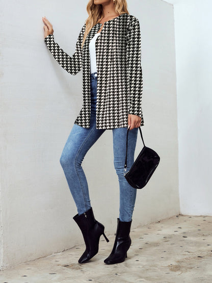 Houndstooth Open Front Long Sleeve Jacket Dresses & Tops