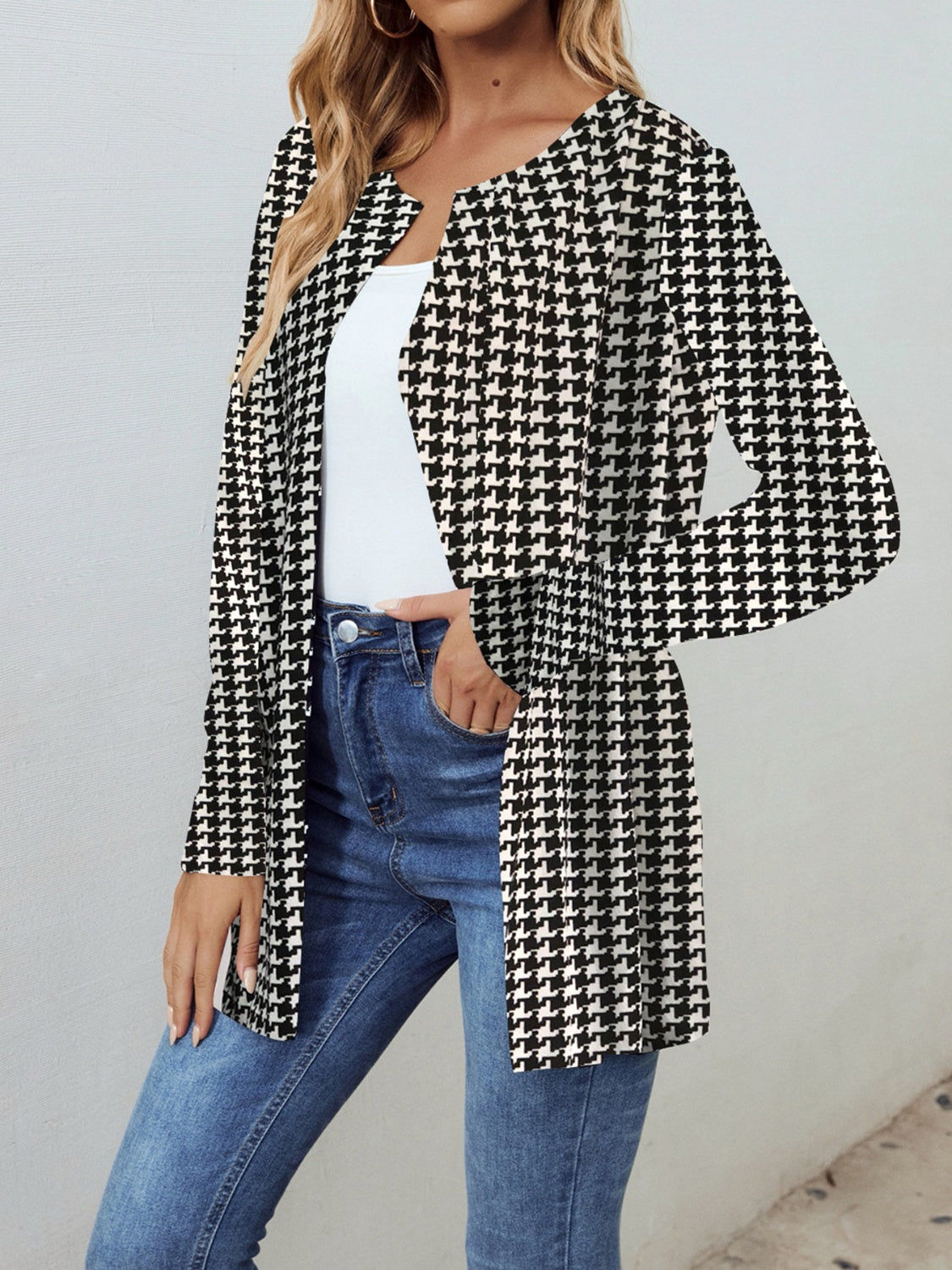 Houndstooth Open Front Long Sleeve Jacket Dresses & Tops