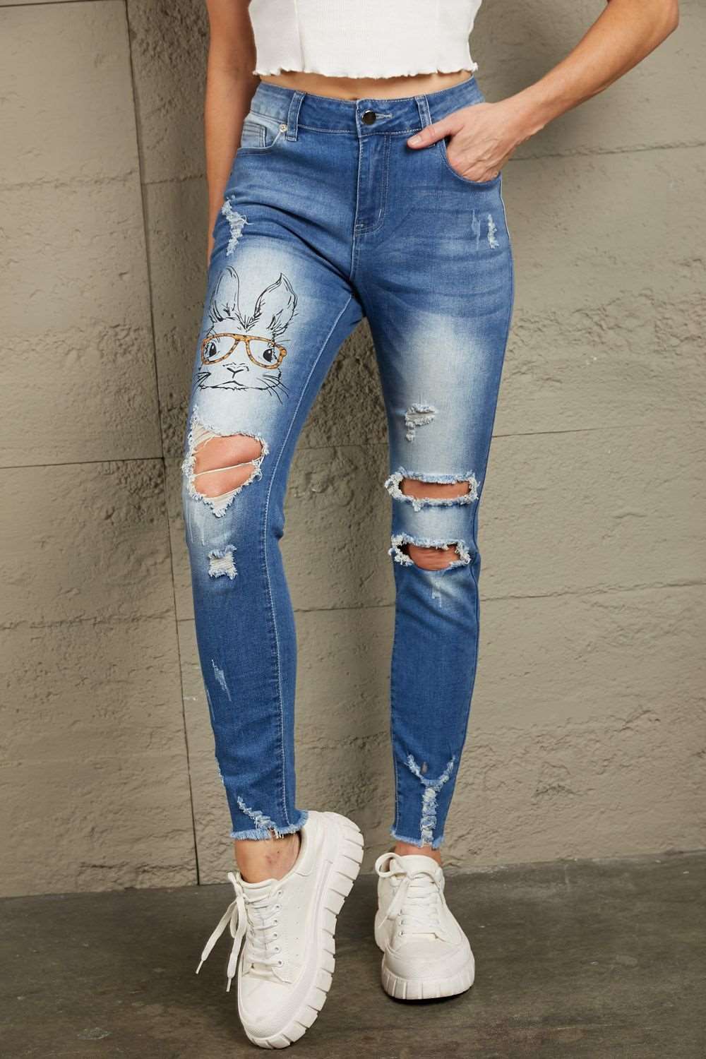 Baeful Easter Distressed Frayed Hem Jeans apparel & accessories