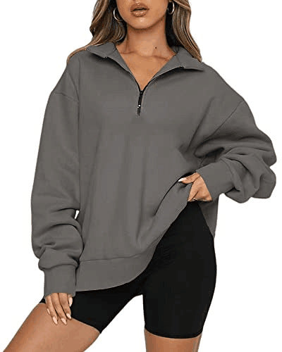 Women Sweatshirts Zip Turndown Collar Loose Casual Tops apparels & accessories