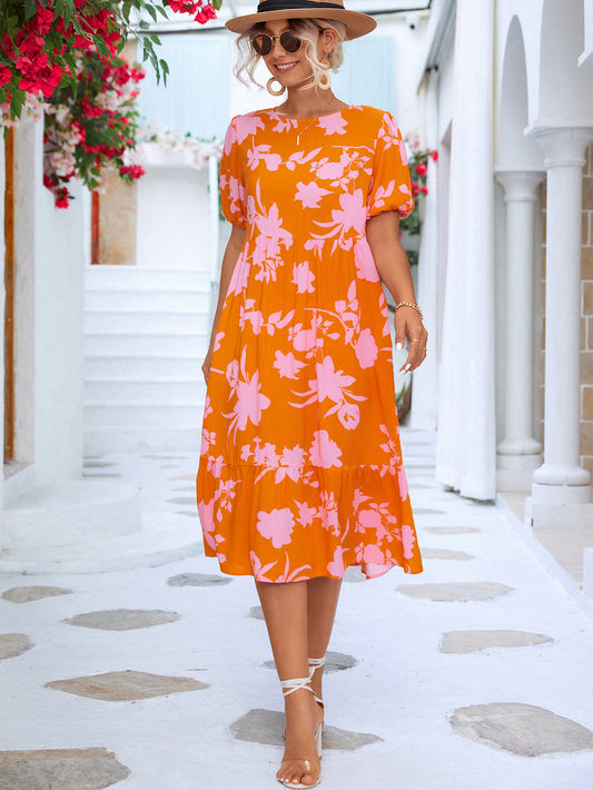 Floral Puff Sleeve Ruffle Hem Midi Dress apparel & accessories