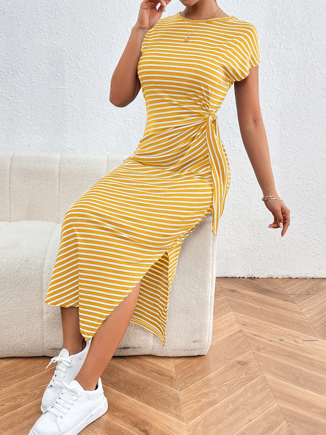 Tied Striped Round Neck Short Sleeve Tee Dress Dresses & Tops