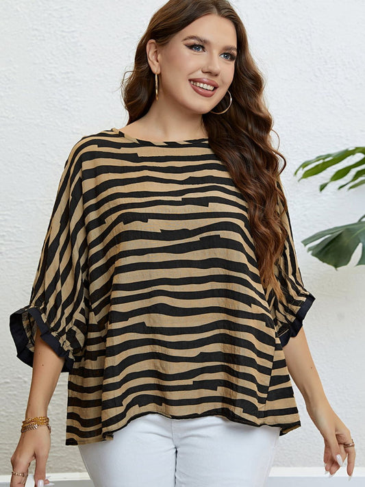 Plus Size Striped Three-Quarter Sleeve Boat Neck Top apparel & accessories