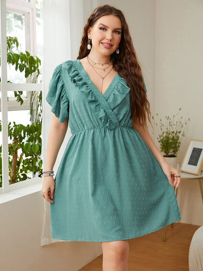 Plus Size Swiss Dot Ruffled Surplice Flutter Sleeve Mini Dress Dresses & Tops