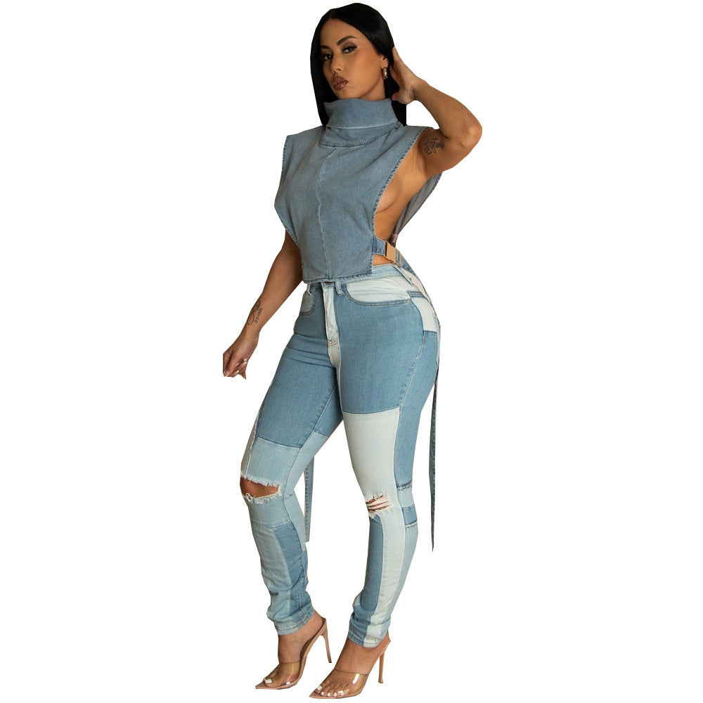 Lace-up Turtleneck Wash Sleeveless Denim Short Vest apparel & accessories