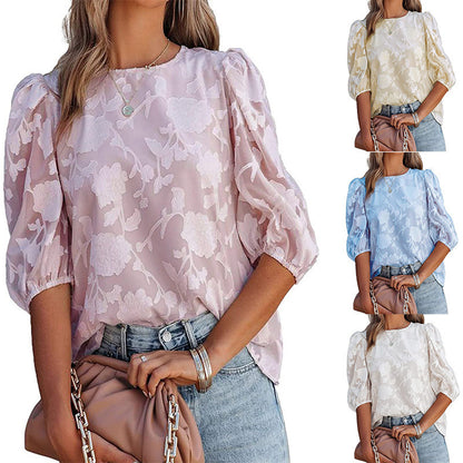 Women's Puff Sleeve Chiffon Loose Top Flower Texture Shirt apparel & accessories