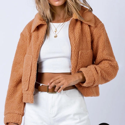 Long Sleeve Collared Neck Sherpa Jacket Dresses & Tops
