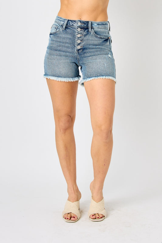 Judy Blue Full Size Button Fly Raw Hem Denim Shorts shorts