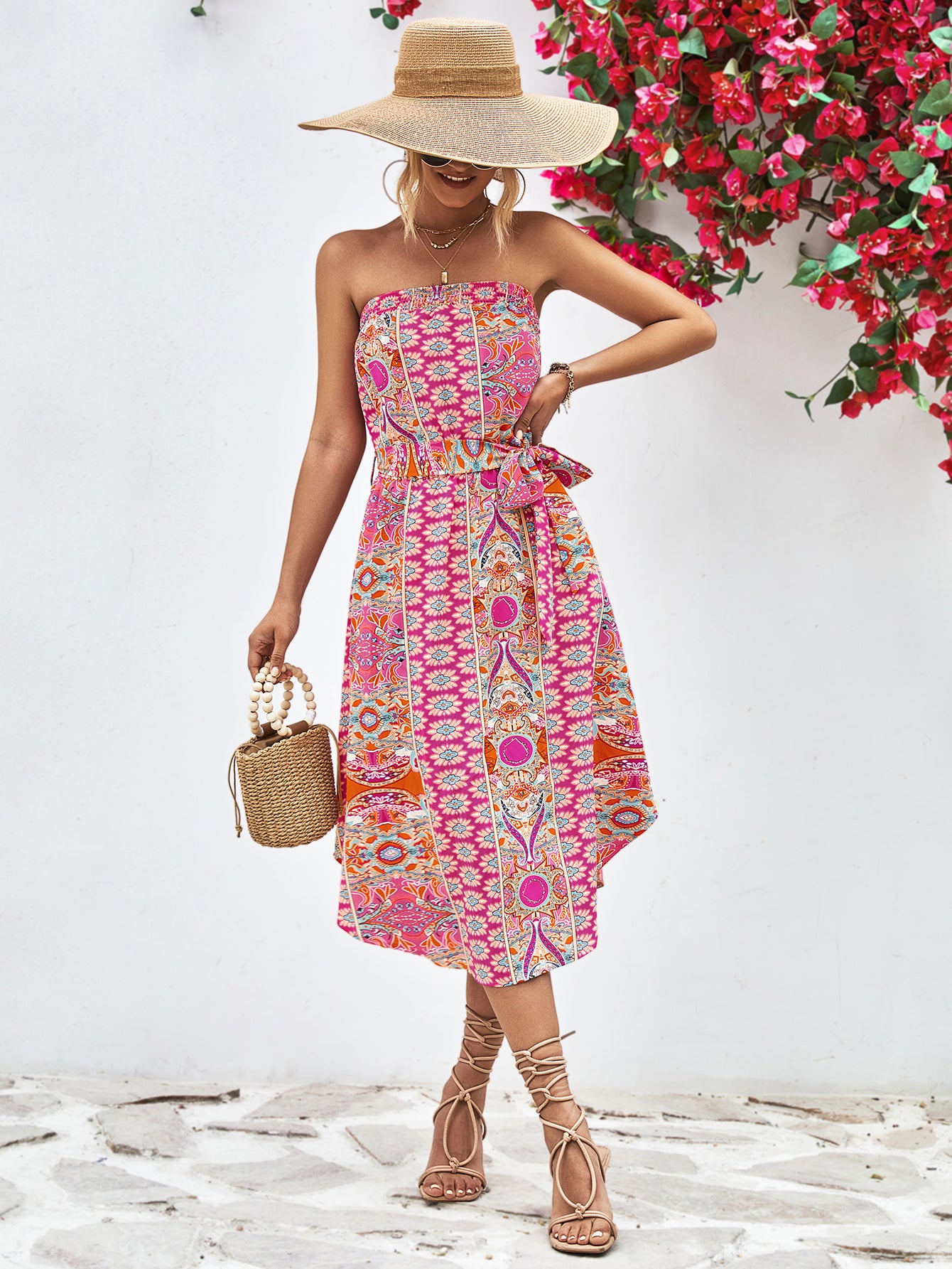 Printed Strapless Tie Belt Dress apparel & accessories