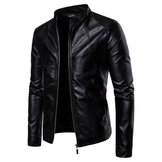 Solid Collar Men's Motorcycle Leather PU Jacket men's clothing