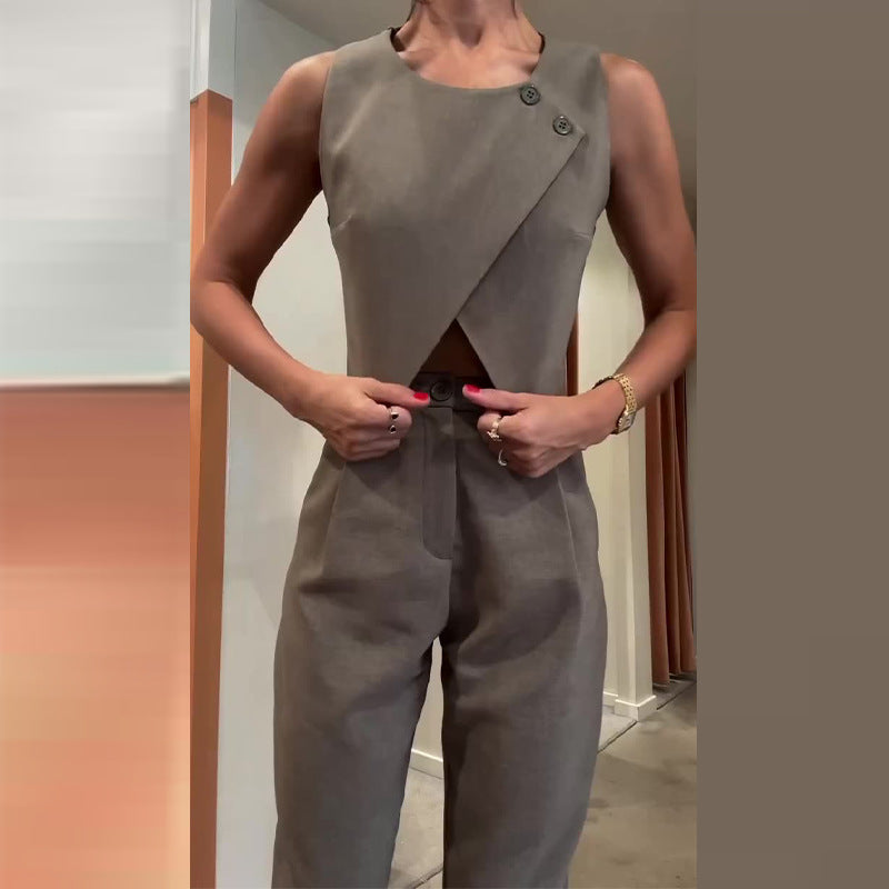 Women's Solid Color Round Neck Top Straight-leg Pants Suit Bottom wear