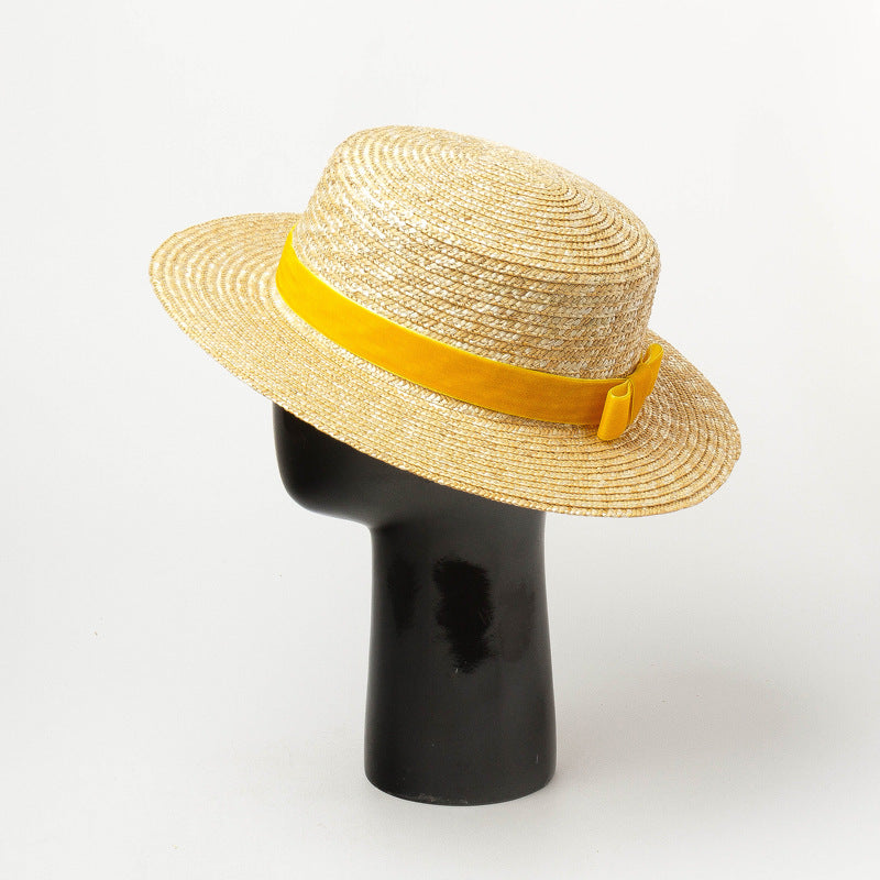 Straw hat with velvet ribbon and flat top apparel & accessories