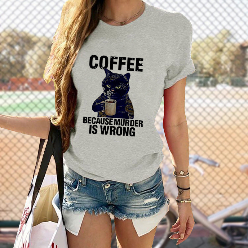 Cat Cute Print T-shirt Round Neck Short Sleeve Top apparel & accessories