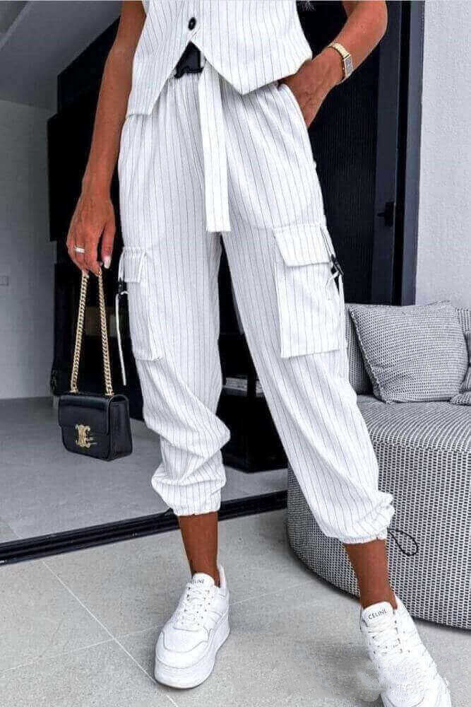 Women's Clothing Fashion White Striped Sleeveless Vest Suit Leisure Commute Cropped Pants apparel & accessories