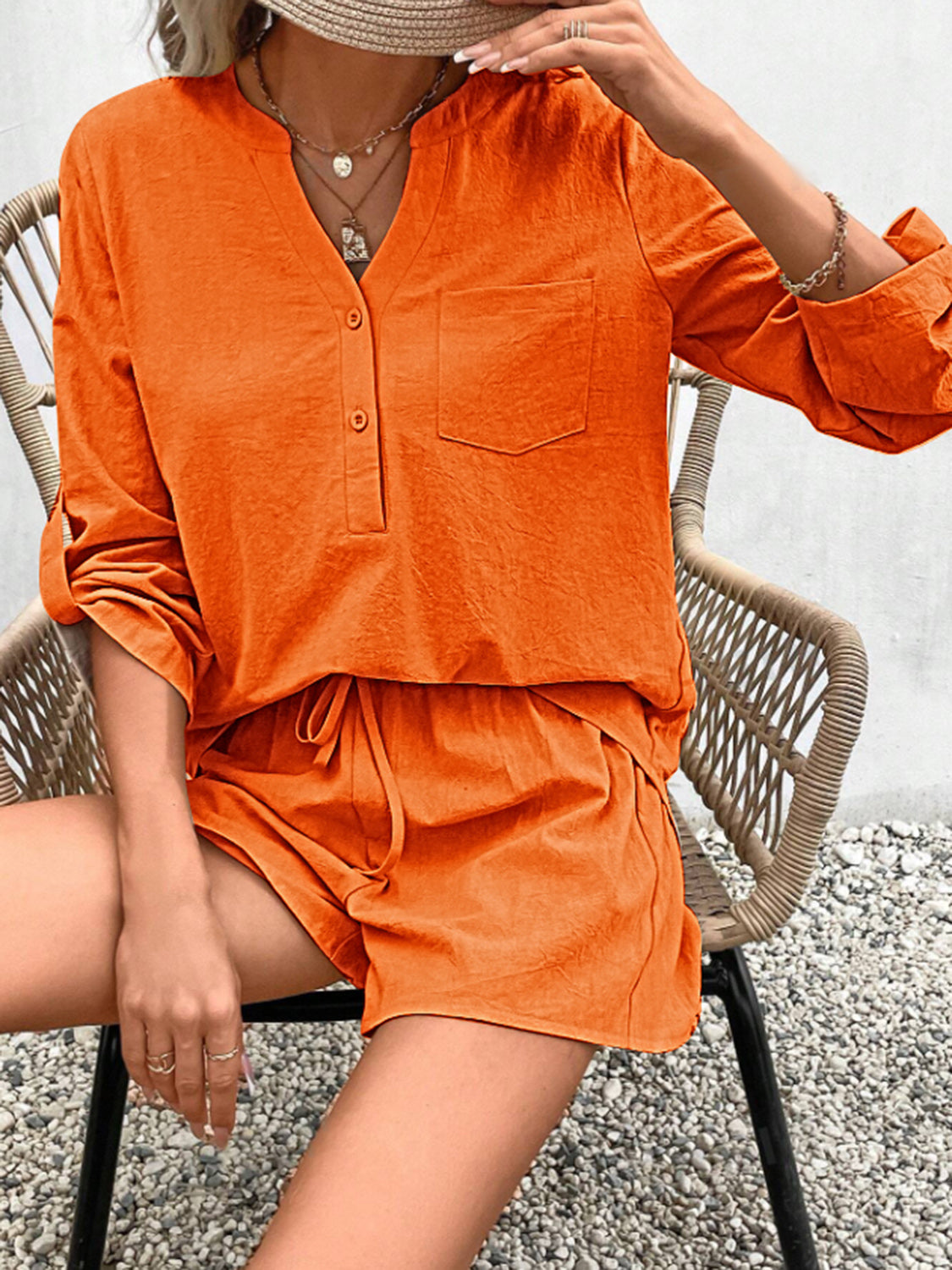 Notched Long Sleeve Top and Shorts Set apparel & accessories
