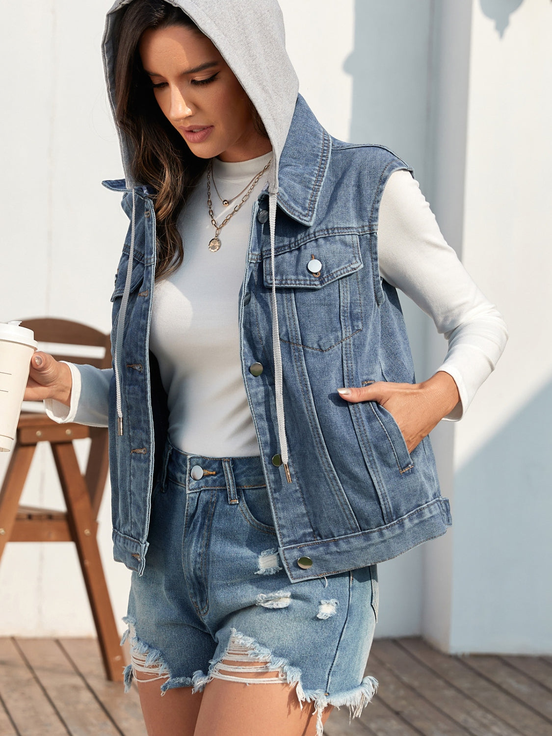 Pocketed Button Up Hooded Denim Jacket Dresses & Tops