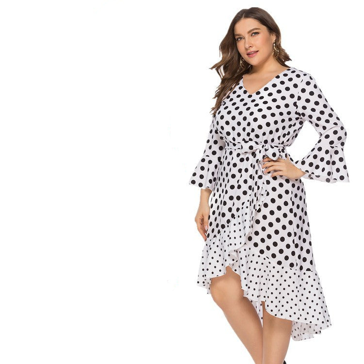 Plus size V-neck lace ruffled polka dot dress Dresses & Tops