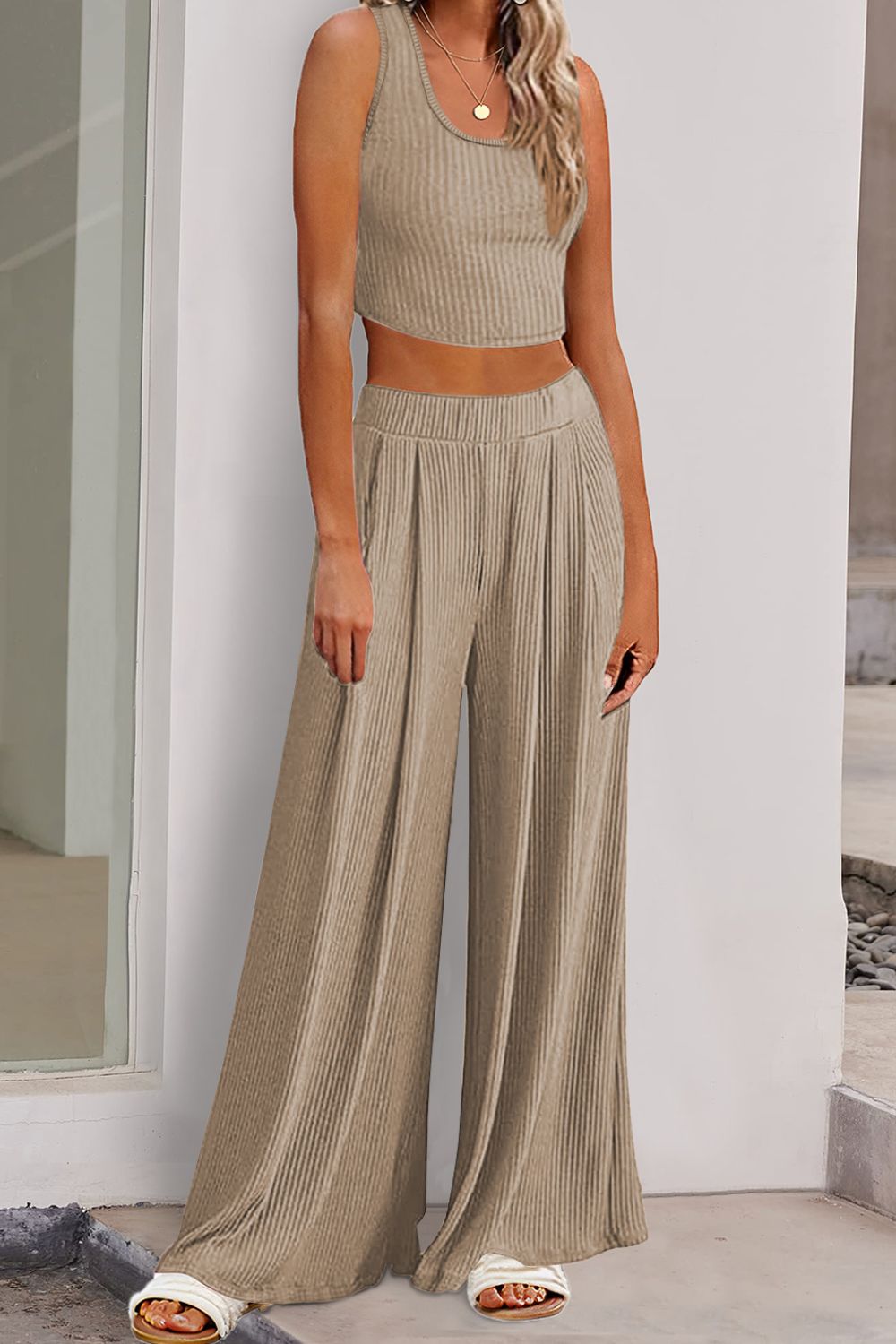 Scoop Neck Top and Wide Leg Pants Set Bottom wear