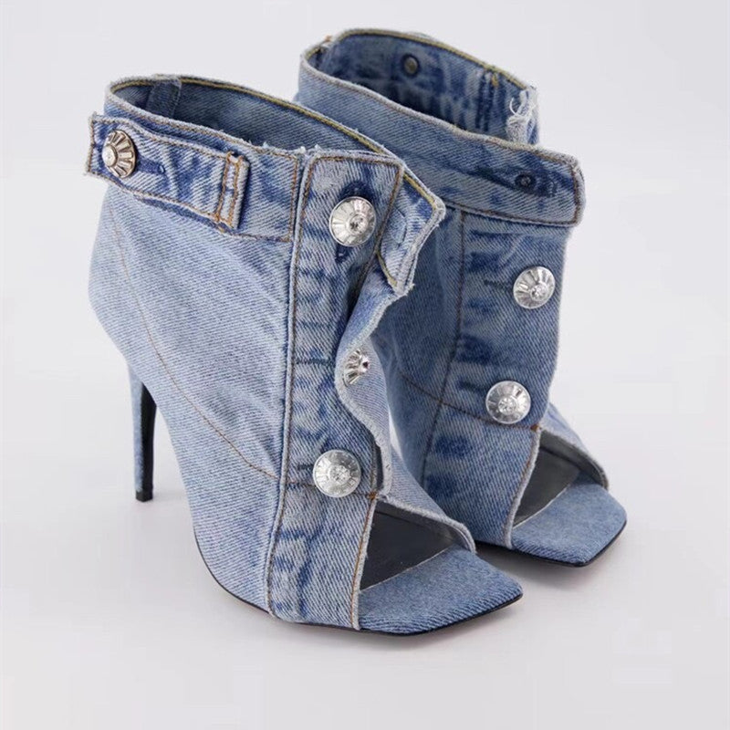 Short Boots High Heeled Rivets Denim Fabric Short Tube apparel & accessories