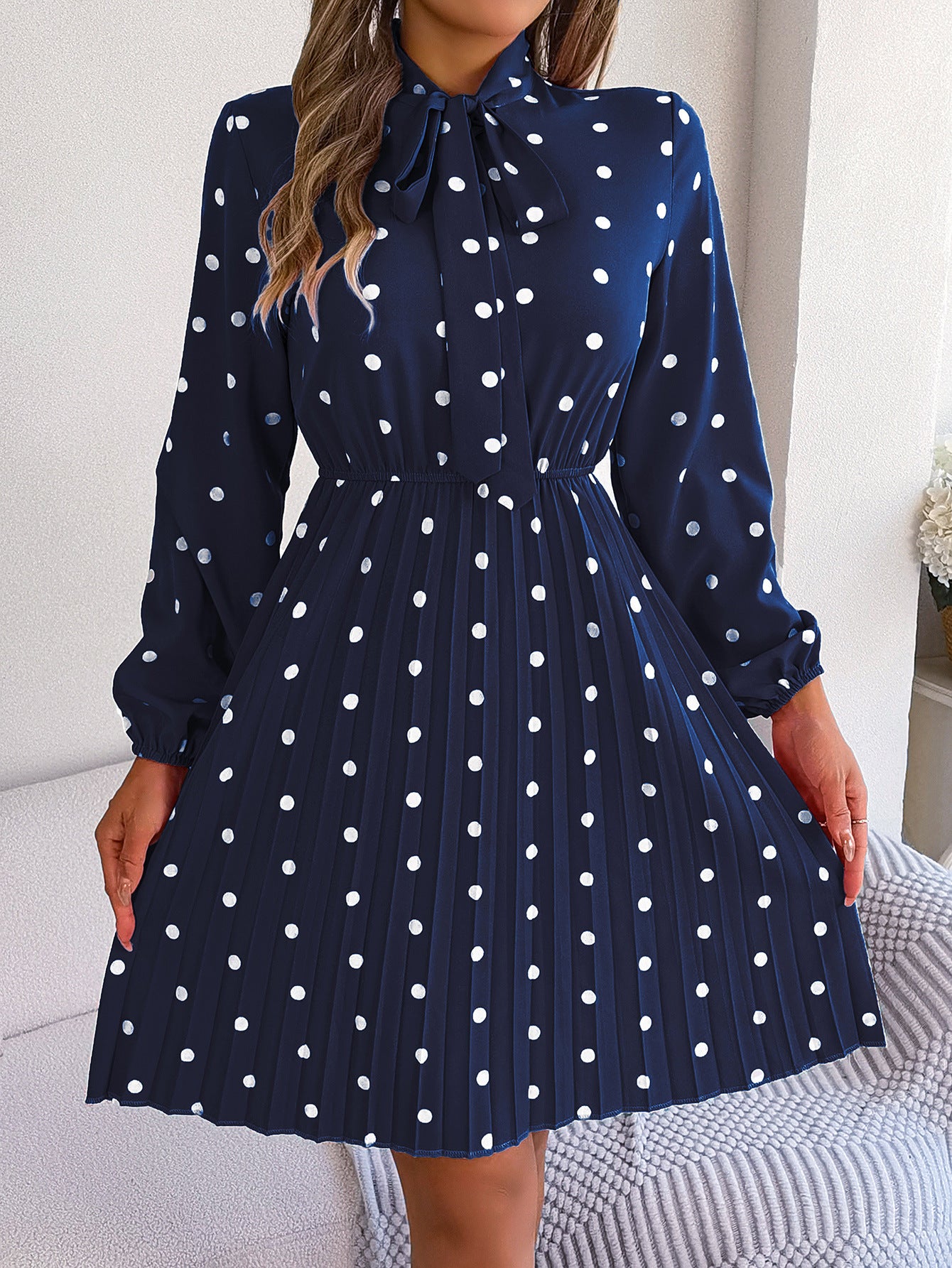 Women's Polka-dot Self-tie Waist-controlled Long Sleeves Pleated Skirt apparels & accessories