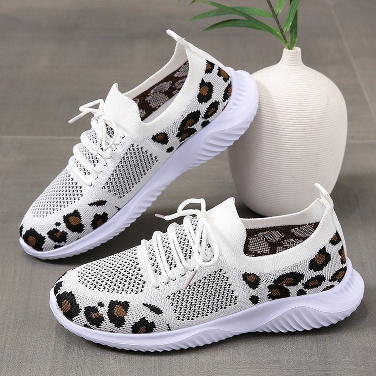 White Shoes Leopard Print Lace-up Sneakers Shoes & Bags