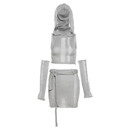 Women's Graceful And Fashionable Solid Color Knitted Hooded Top High Waist Hip-wrapped Skirt Suit apparel & accessories