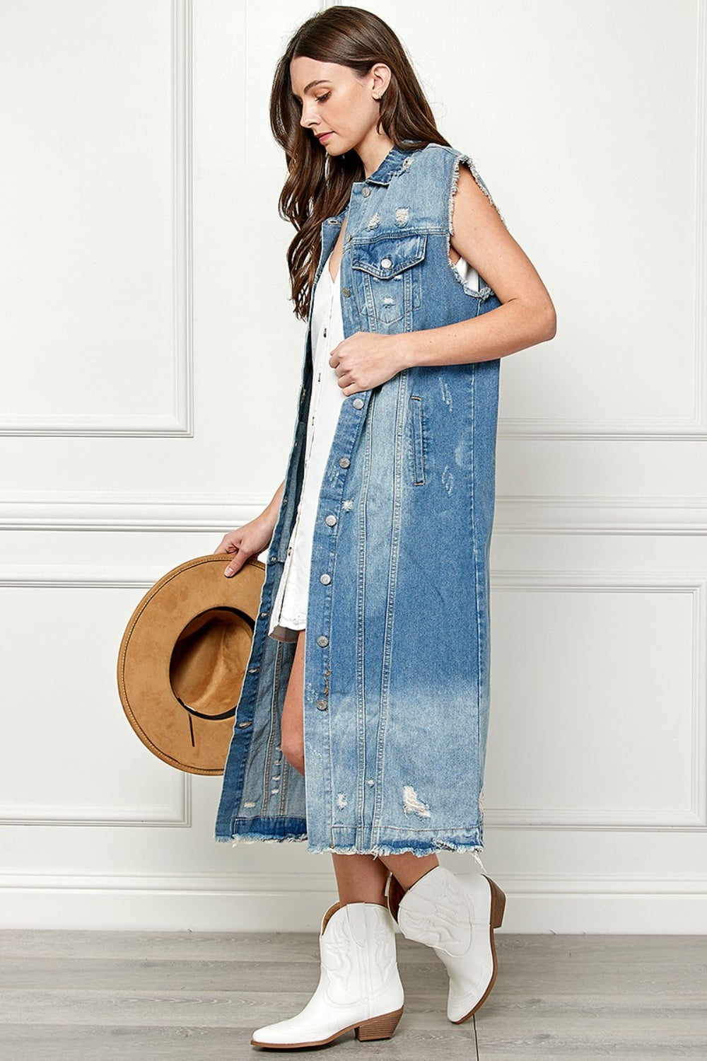 Veveret Full Size Distressed Sleeveless Longline Denim Jacket apparel & accessories