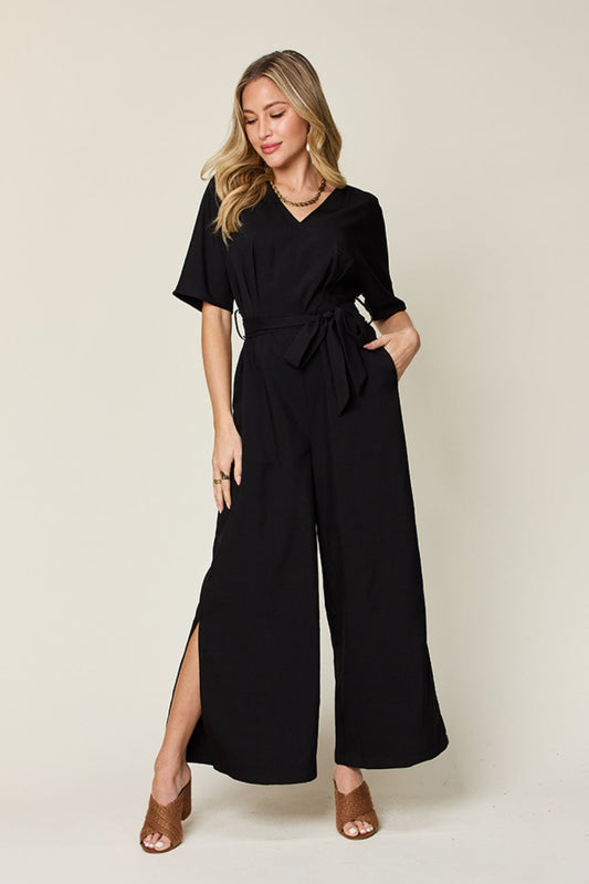 Double Take Full Size V-Neck Tie Front Short Sleeve Slit Jumpsuit apparel & accessories