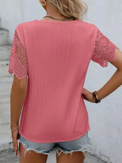 Lace Detail V-Neck Short Sleeve Blouse apparel & accessories