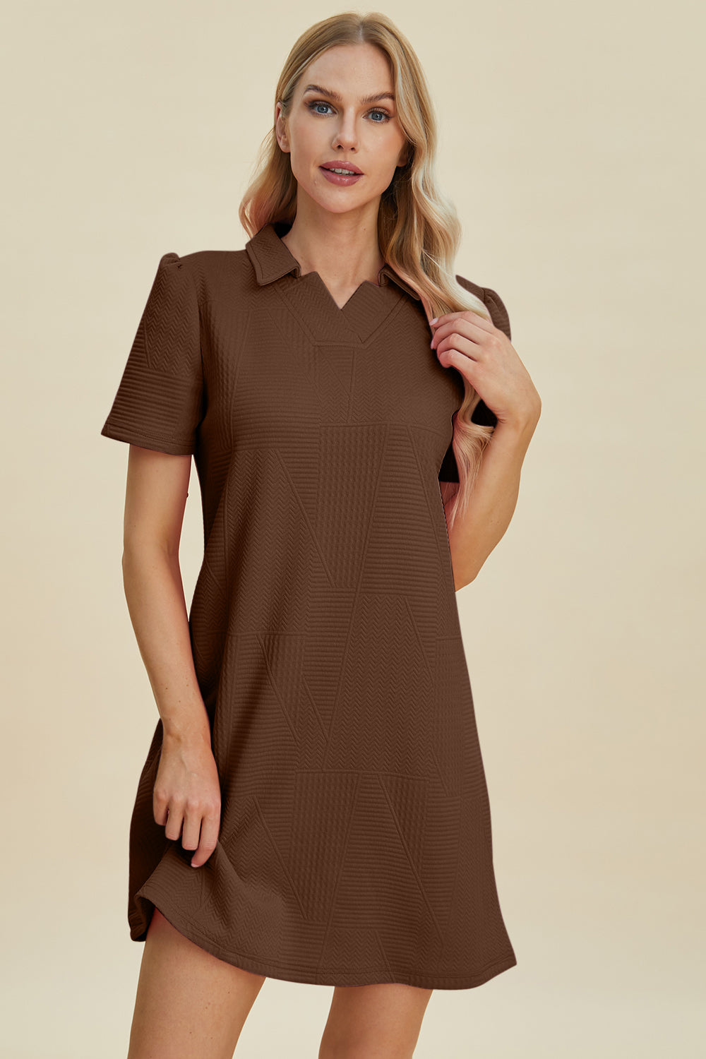 Double Take Full Size Texture Short Sleeve Dress Dresses & Tops