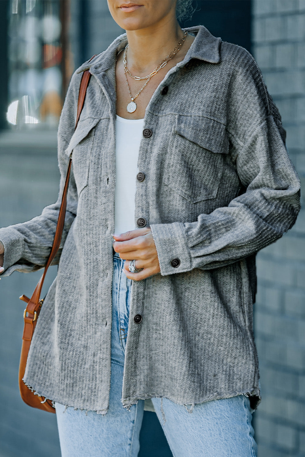 Textured Button Down Shirt Jacket with Pockets apparel & accessories