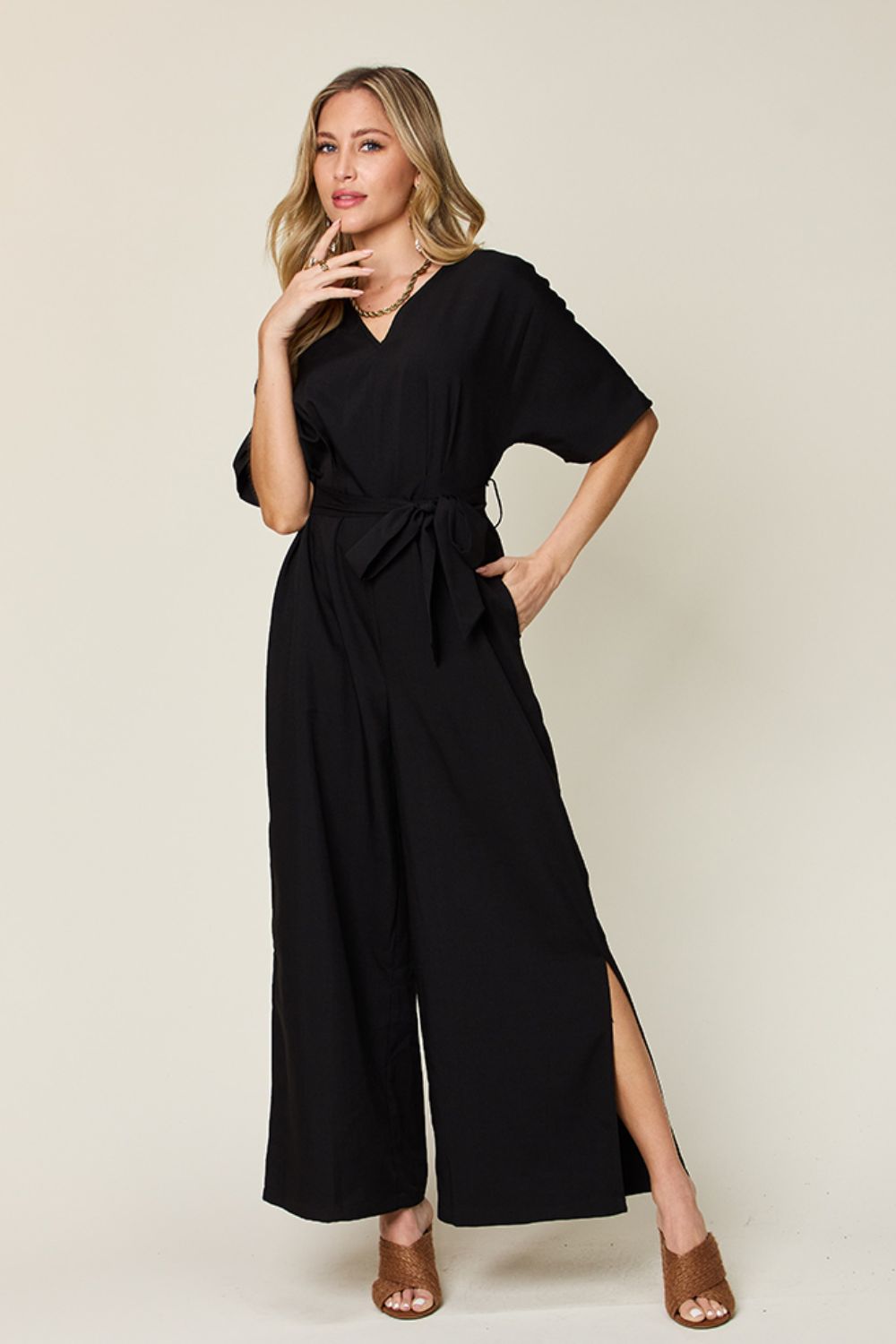 Double Take Full Size V-Neck Tie Front Short Sleeve Slit Jumpsuit apparel & accessories