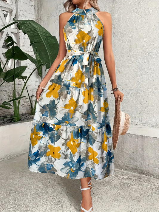 Tiered Printed Mock Neck Sleeveless Dress Dresses & Tops