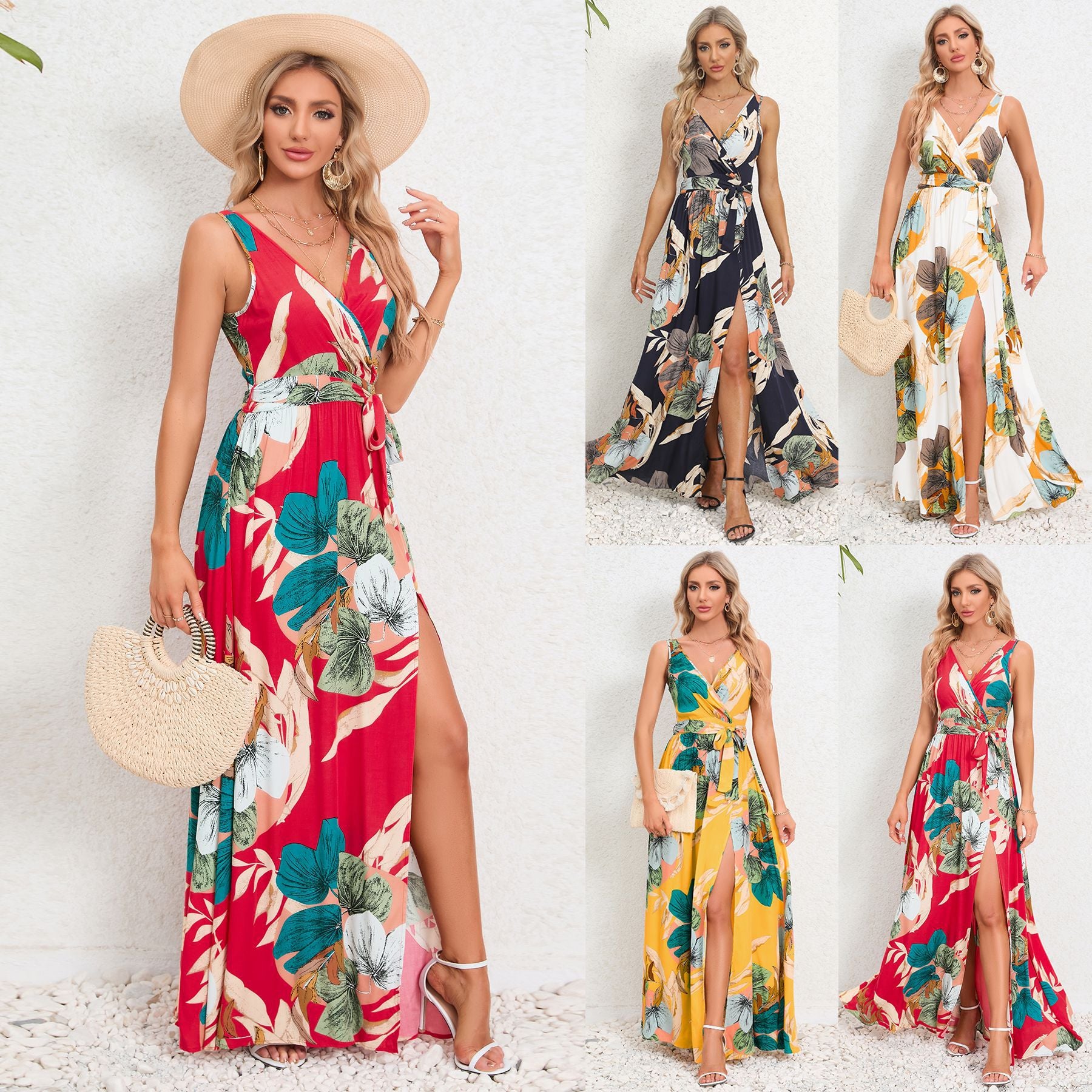 V-neck Floral Print Long Dress Tie Slit Design apparel & accessories