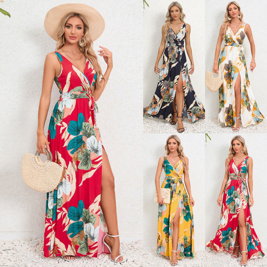 V-neck Floral Print Long Dress Tie Slit Design apparel & accessories