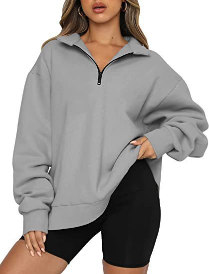 Women Sweatshirts Zip Turndown Collar Loose Casual Tops apparels & accessories