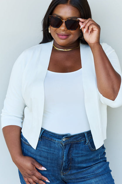 Doublju My Favorite Full Size 3/4 Sleeve Cropped Cardigan in Ivory Dresses & Tops