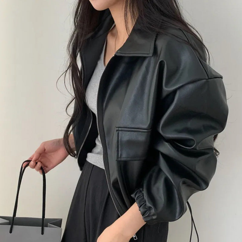 Lapel Double Zipper Pocket Long Sleeve Leather Coat apparels & accessories