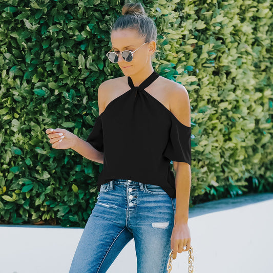 Women's Half-Sleeve Solid Color Off-the-Shoulder Top apparel & accessories