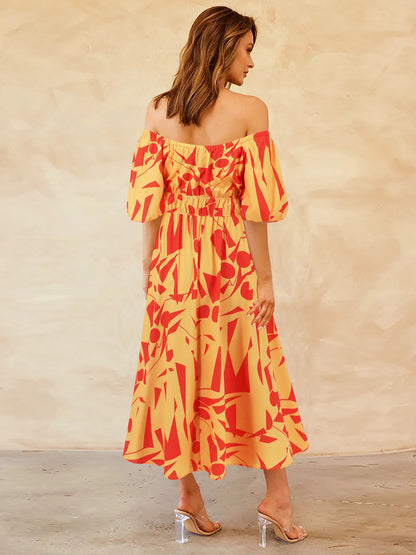 Printed Off-Shoulder Balloon Sleeve Dress apparel & accessories