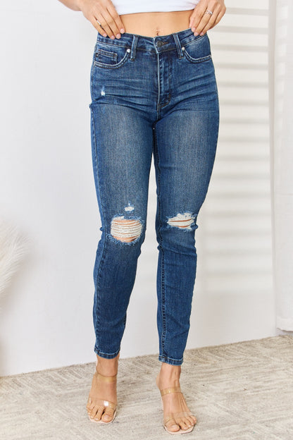 Judy Blue Full Size Mid Waist Distressed Slim Jeans apparel & accessories