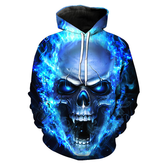 Blue Skull Printed Hood Pocket Pullover Sweater T-Shirt